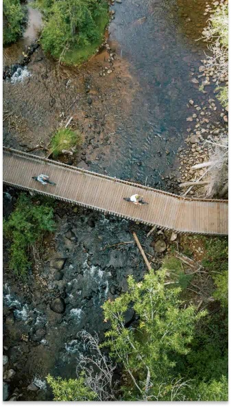 Aerial view of two bikers on rented e-bikes from AC, on a wooden bridge over the crystal river